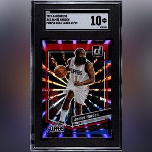 James Harden 2023-24 Donruss Purple Holo Laser 69/99 POP 1 SGC 10 Gem Mint